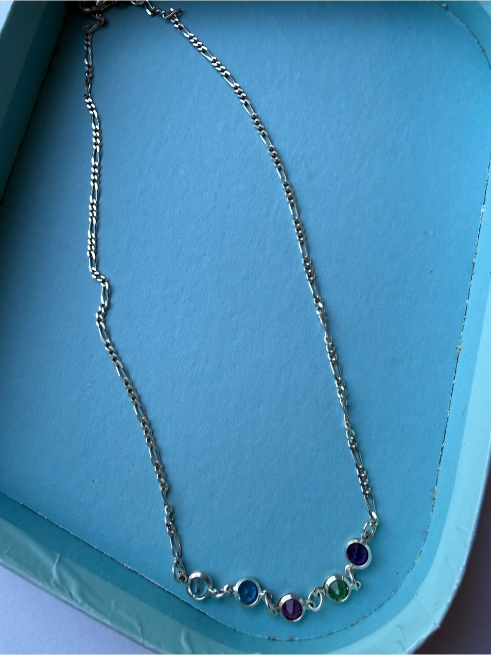 925 Sterling Silver Italy Figaro Chain Necklace Multi Color Gemstones KWS